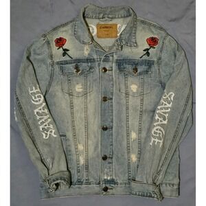 CARBON Lightwash Embroidered Dragon Roses Distressed Detail‎ Denim Jacket Large
